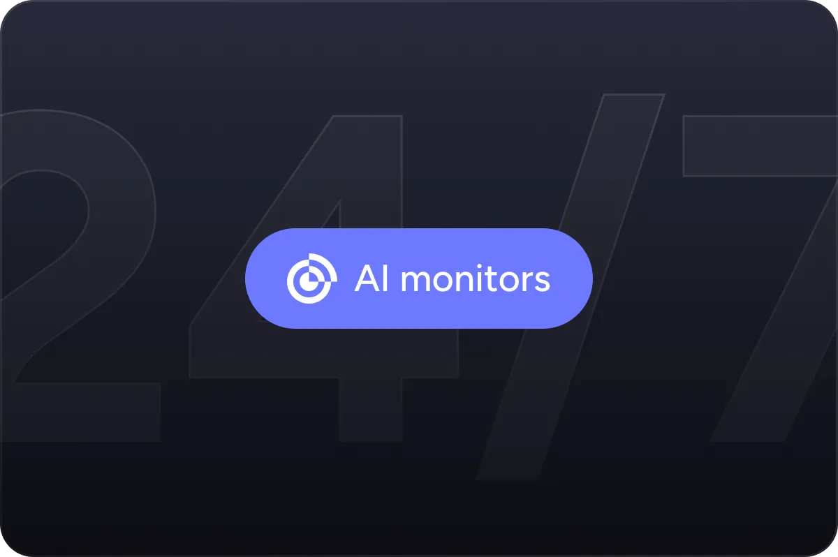 Blue button with a target-like AI icon and the text 'AI monitors' on a dark background with faint large numbers.